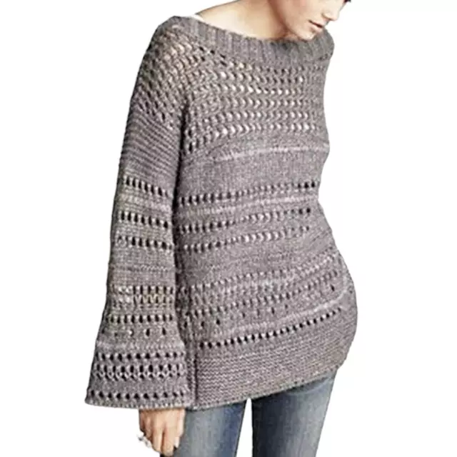 DIANE VON FURSTENBERG L Gray Chunky Flared Sleeve Saidi Sweater Retail $388