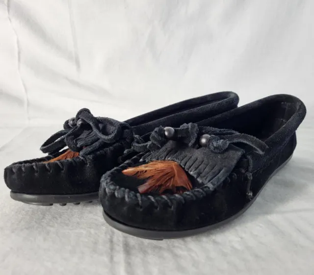 Minnetonka Womens Shoes Size 6 Kilty Moccasin Slip On Suede Black Hard Sole