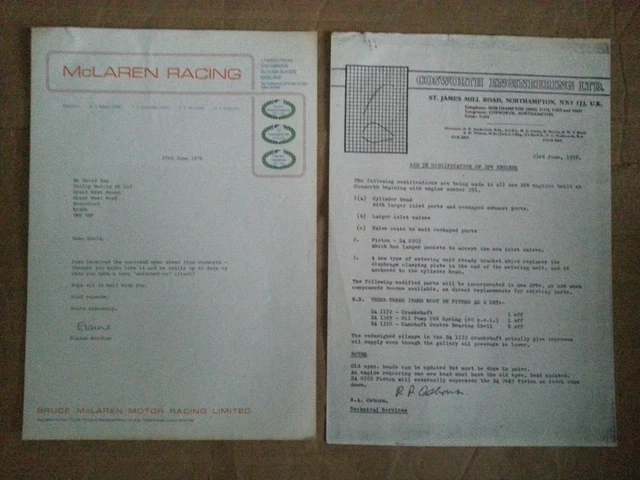 MCLAREN RACING LETTER & COSWORTH ENGINE SPECIFICATION SHEET 1978 F1 ...