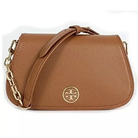 Tory Burch Landon Logo Crossbody Bag pebble leather Small Clutch tan Brown Camel