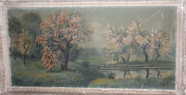 Original European oil painting forest lake landscape