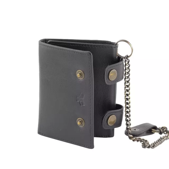 New Genuine Cowhide Leather Biker’s RFID Protection 3 Fold Chain Wallet Black 6 2