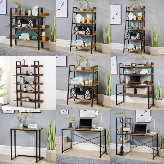 Bookcase Desk Shelving Storage Unit Rustic Furniture Black Metal Frame Table