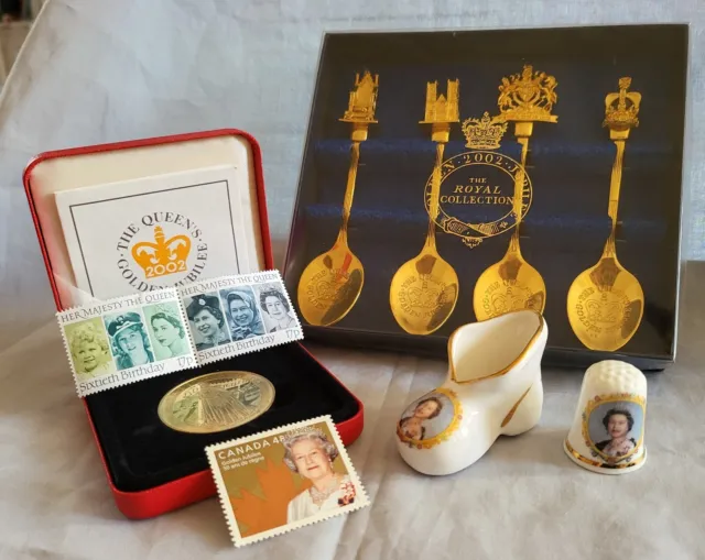 QUEEN ELIZABETH GOLD Coin Spoon Set Stamp Signed Bona China Thimble ...