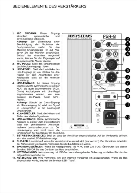 JB Systems PSA8 encastré PA Hifi amplificateur amplificateur caisson de basses 240 W 3