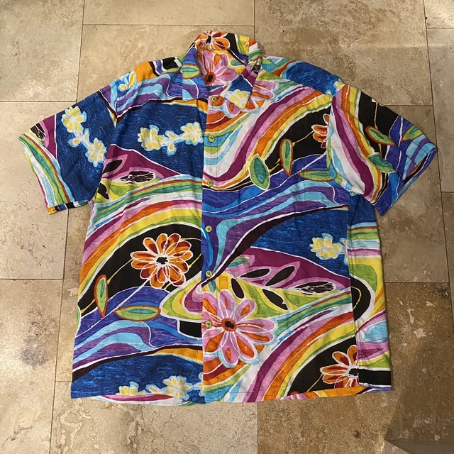 Vintage Jams World Mens Size Large Rayon Trippy Floral Flower Hawaiian Shirt C7