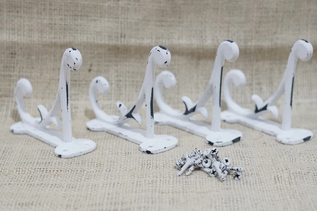 4 White Rustic Coat Hooks Antique Style Cast Iron 4.5" Wall Double Restoration 2