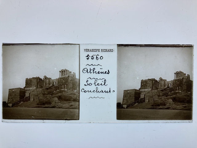 ATHENES SOLEIL COUCHANT PLAQUE STEREO VERRE 45x107 VUE STEREOSCOPIQUE VERASCOPE