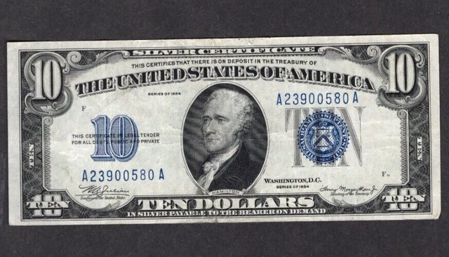 1934 $10 Ten Dollar Bill Silver Certificate Blue Seal S455