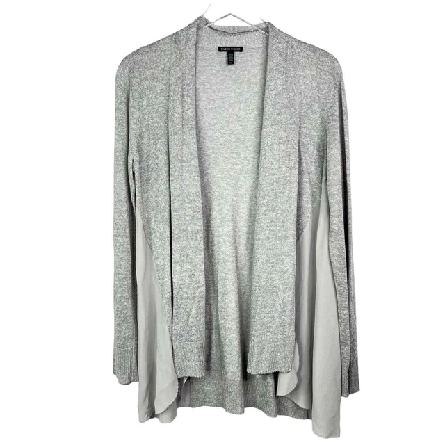 Eileen Fisher Linen Blend Silk Contrast Draped Open Front Cardigan Sweater Gray
