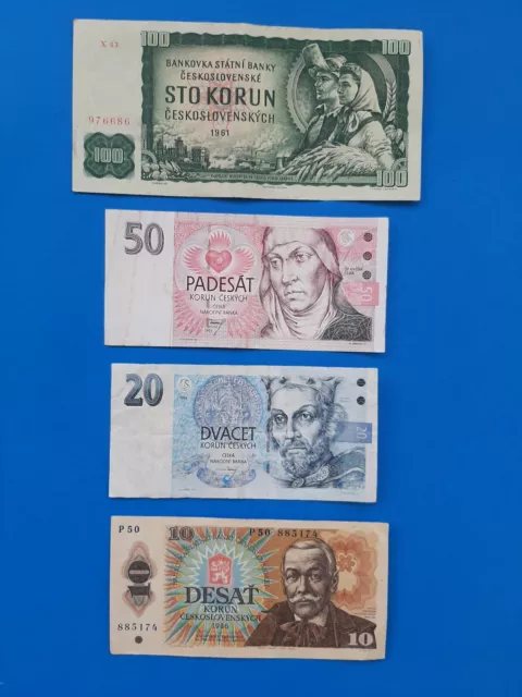 1 x 10+20+50+100 Korun Tschechoslowakei / Geldschein Banknote von 1961/86/93/94