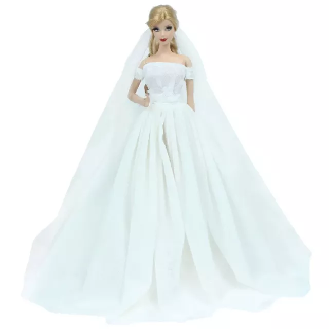 White Wedding Dress & Veil 1/6 Princess Evening Party Gown For Barbie Doll 11.5