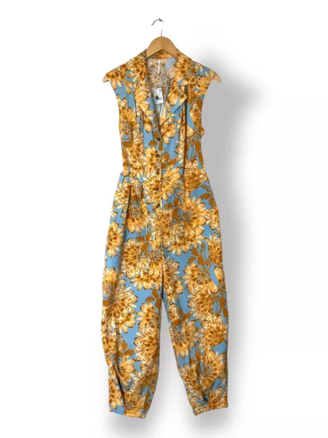 Free People Shasta Printed Corduroy Jumpsuit Blue Size S tapered balloon leg