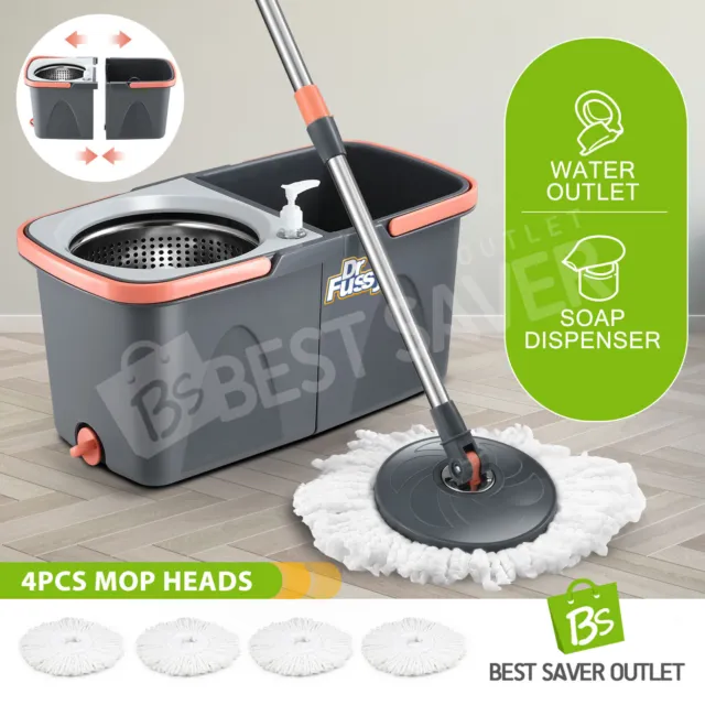 360 Degree Spin Mop and Twin Bucket Set Floor Cleaner 4 Microfibre Cloth Heads