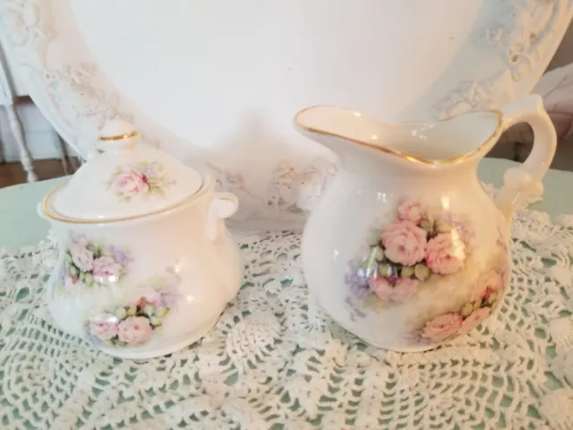 Fine Bone China Crown Victorian Staffordshire  England Sugar Creamer Pink Roses