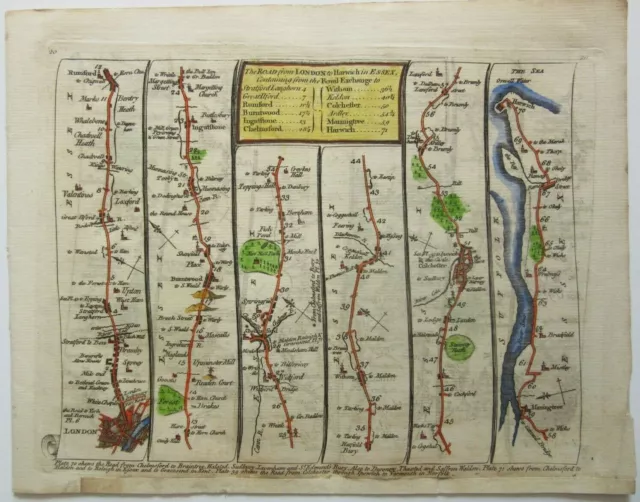 Antique Road Map of London to Harwich by Thomas Kitchin 1767