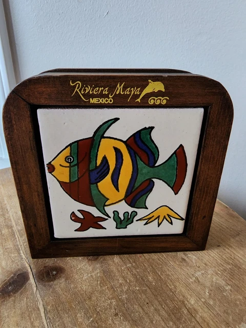 El Viejo Arte San Jose del Cabo Mexico Wood Tile Inlay Napkin Holder Talavera