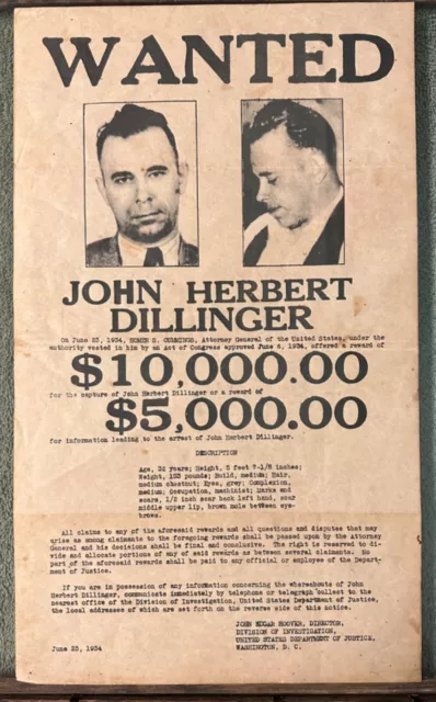 JOHN DILLINGER 1934 Wanted Poster John Edgar Hoover Director Authentic ...