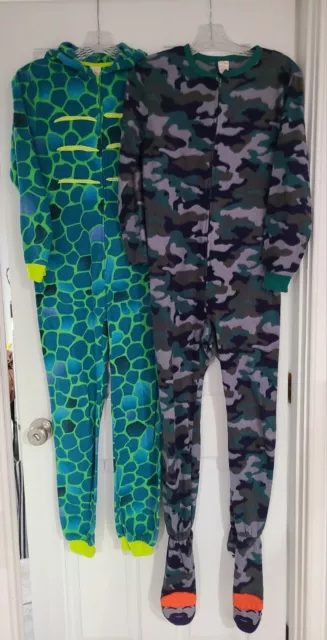 Lot 2  Size Large 12/14 Boys Footed Sleeper Pajamas PJs Dragon/Dino Camoflage