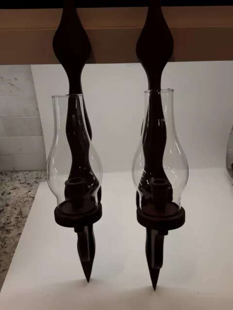 Vintage Wooden Pair Sconce Candle Holders Wall Hanging 24.” Tall Hurricane Glass
