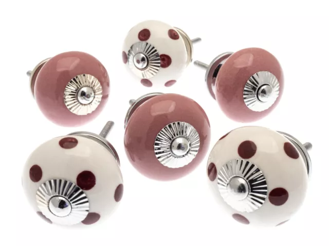 Ceramic Door Knobs Hand Painted White and Dark Pinks - Set of 6