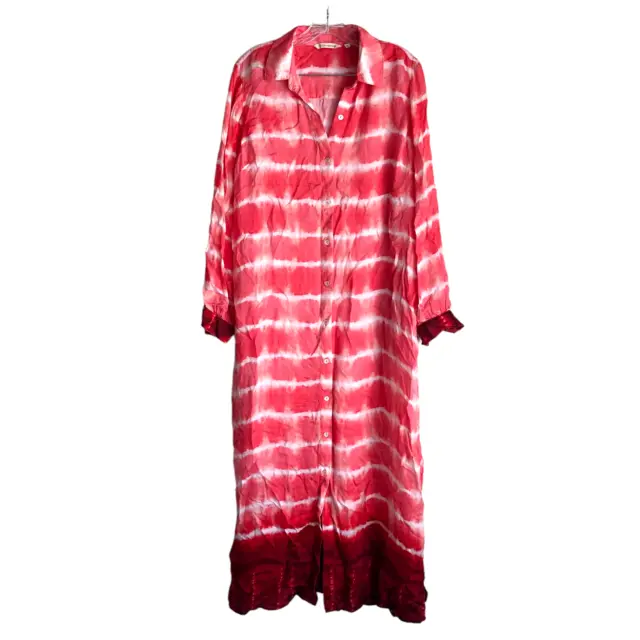 Soft Surroundings Womens Maxi Shirt Dress Size L Tie Dye Red Long Sleeve Viscose