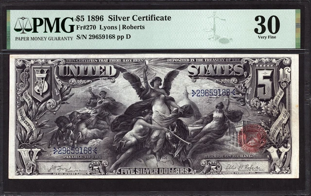 $5 1896 Silver Certificate FR 270 PMG 30 - PLEASING $5 EDUCATIONAL
