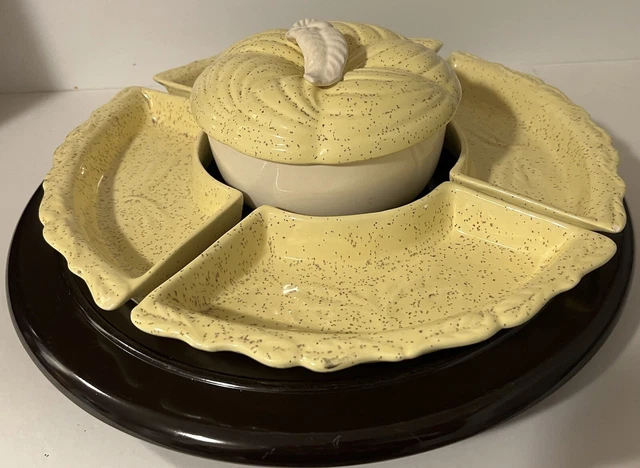 Vtg 7 Pc Plastic Lazy Susan Yellow Brown Ceramic Serving Dish w Lid USA