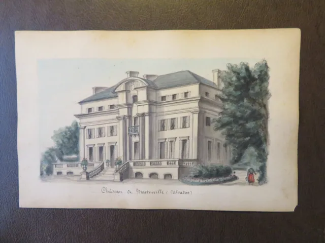 Dessin Couleur Aquarelle Vue Paysage Chateau Martinville Calvados Cesny 1880