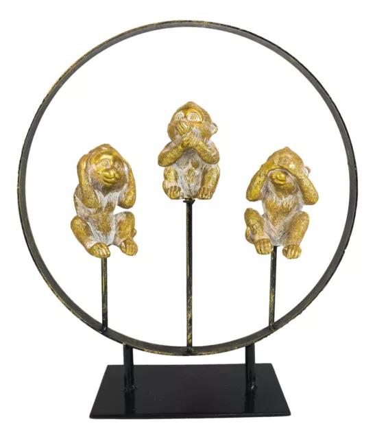 Golden See Hear Speak No Evil Monkeys In Peace Circle Ring Stand Decor Statue 3