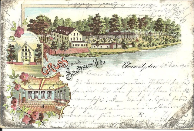 Sehr schöne Litho-Karte Von Gruss aus Sachses Ruhe in Chemnitz mit 3. Ansichten