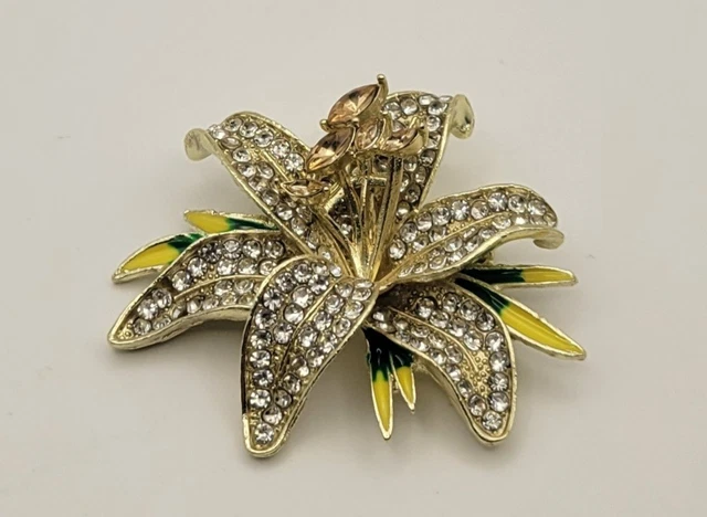 Broche Vintage Fleur De Lys Dorée Avec Strass - Années 90 - Métal Doré - Occasion