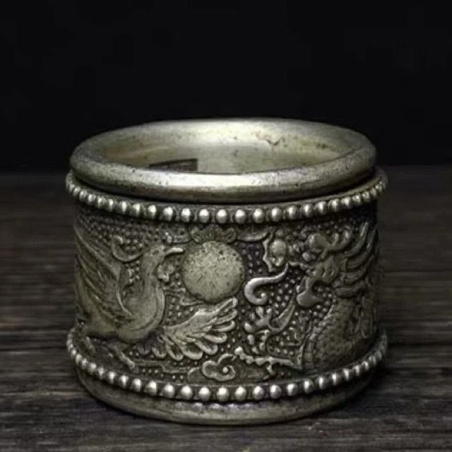 Old Chinese tibet silver handcarved Dragon Phoenix turn Ring Guangxu Mark a435