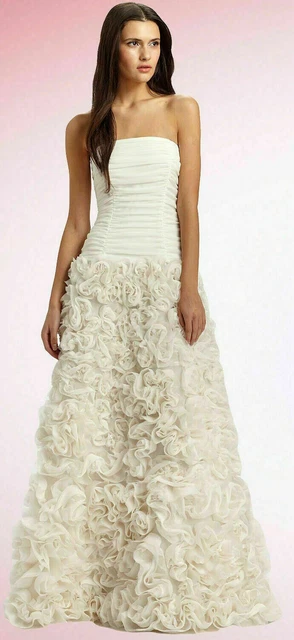 Tadashi Shoji  Ruched Strapless Rosette Wedding Gown Sz 14 Ivory