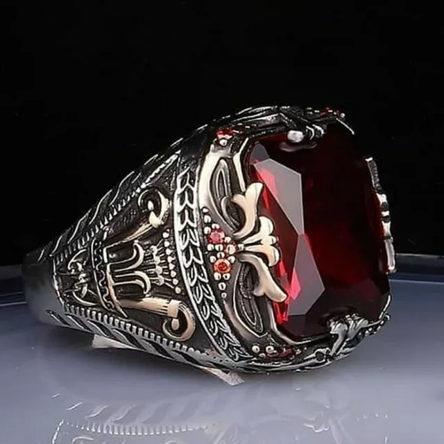 Men's Ring 925 Sterling Silver Turkish Handmade Jewelry Garnet Stone All Size