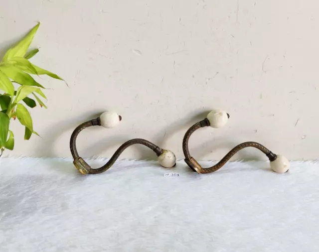 Vintage Original Old Victorian Ceramic Knobs Ornate Brass Wall Hanger Hook M329