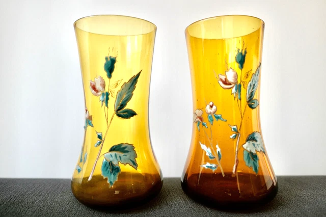 PAIRE DE VASES LEGRAS EN VERRE ÉMAILLÉ DE FLEURS ÉPOQUE 1900 ART NOUVEAU 13,5 cm