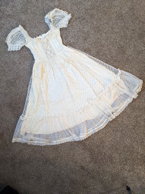 Vintage 70s Jessica McClintock GUNNE SAX Ivory Polka Dot Lace Midi Dress Size 7