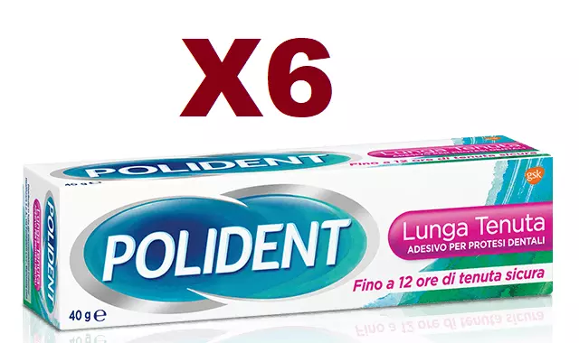 6 POLIDENT LUNGA TENUTA 40g ADESIVO PER PROTESI DENTALI CREMA ADESIVA