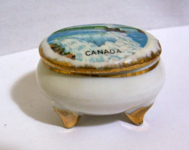 Vintage Porcelain Niagara Falls Canada Small Oval Footed Trinket Ring Box