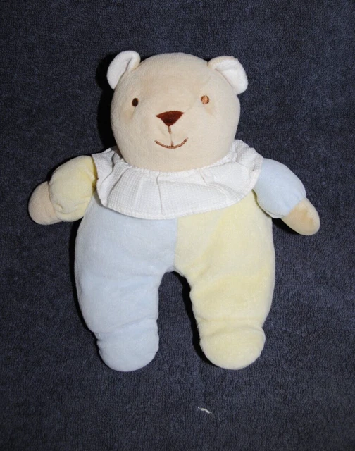 Doudou Peluche Ours Bleu Jaune TEX CARREFOUR Col Blanc Collerette Blanche 21 Cm