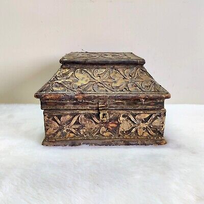19c Vintage Primitive Handmade Brass Decorated Money Treasure Chest Wooden Box