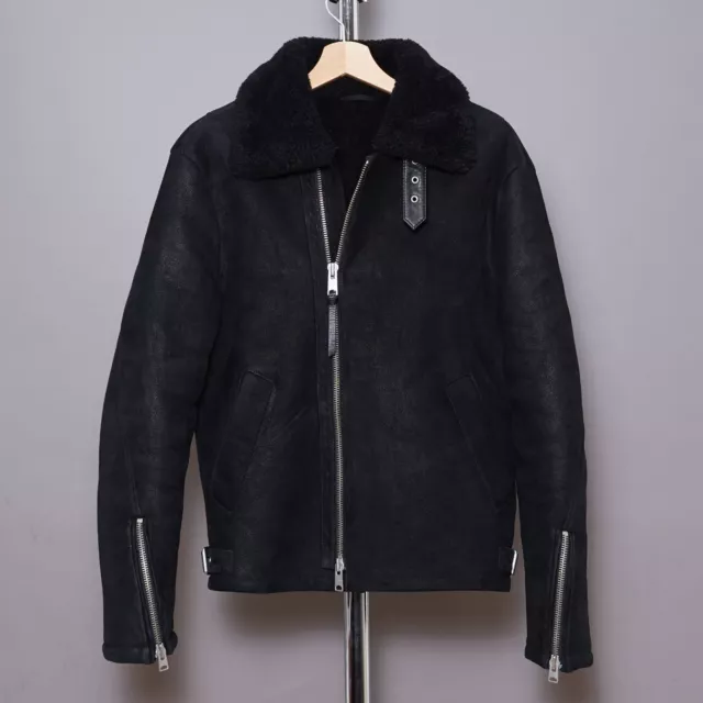 ALL SAINTS DEKLEY Shearling Leather Jacket EXTRA SMALL Mens Black Sheepskin