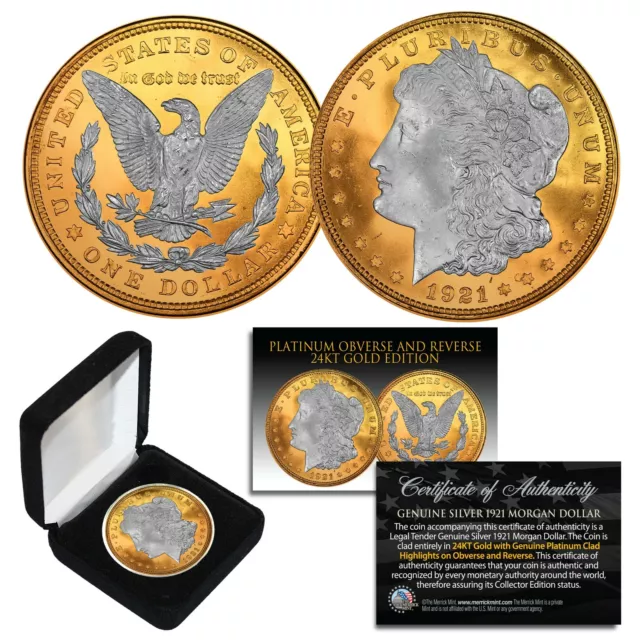 1921 Original AU MORGAN SILVER Dollar 24KT GOLD & PLATINUM Layered w/ BOX & CERT