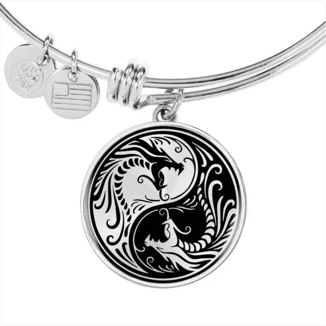 Yin Yang Bracelet Dragon Spiritual Tai Chi Bangle Stainless Steel or 18k Gold Ci