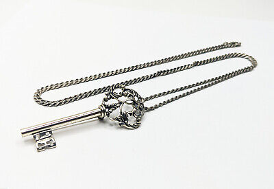 Large Vtg Beau Sterling Silver Ornate Filigree Key Brooch Pendant Necklace 35.5"