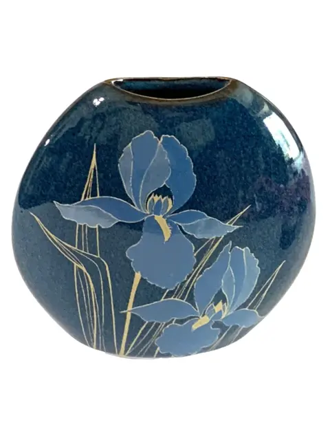 Otagiri Hand Crafted Blue Small Vase Iris Flowers Japan Oval 4 Inches Vintage