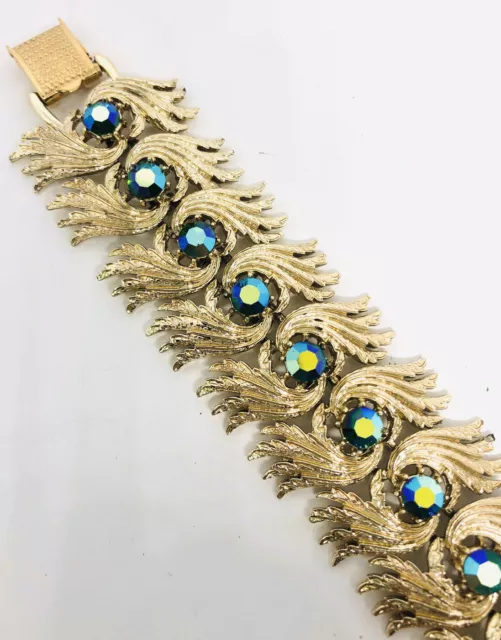 Coro Pegasus Wide Blue AB Rhinestone Bracelet Textured Signed Vintage Jewelry 3