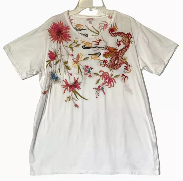 Johnny Was Mina Dragon Embroidered Short Sleeve Tunic Top T-Shirt Sz M - L