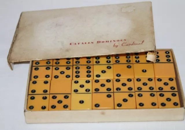 Vintage Bakelite Catalin No 500 Dominoes by Cardinal 28 PC Set Butterscotch-G11